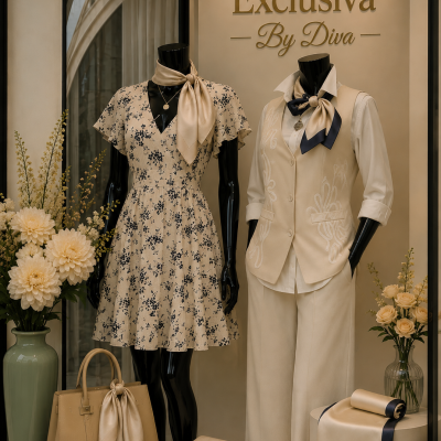 Vitrine com manequins, vestido floral, fato bege, lenços de cetim e bolsa bege