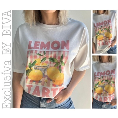 T-shirt branca com estampa de limões e texto LEMON TARTE