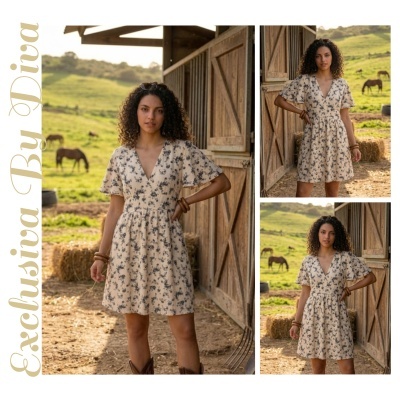 Mulher com vestido floral num ambiente rural com cavalos