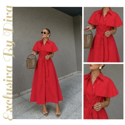 Vestido vermelho midi com botões e cinto, mulher segura bolsa castanha YSL