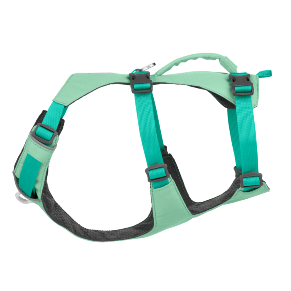 Flagline™ Dog Harness with Handle - Sage Green - Ruffwear Arnês para animais verde água com tiras azuis e fechos pretos