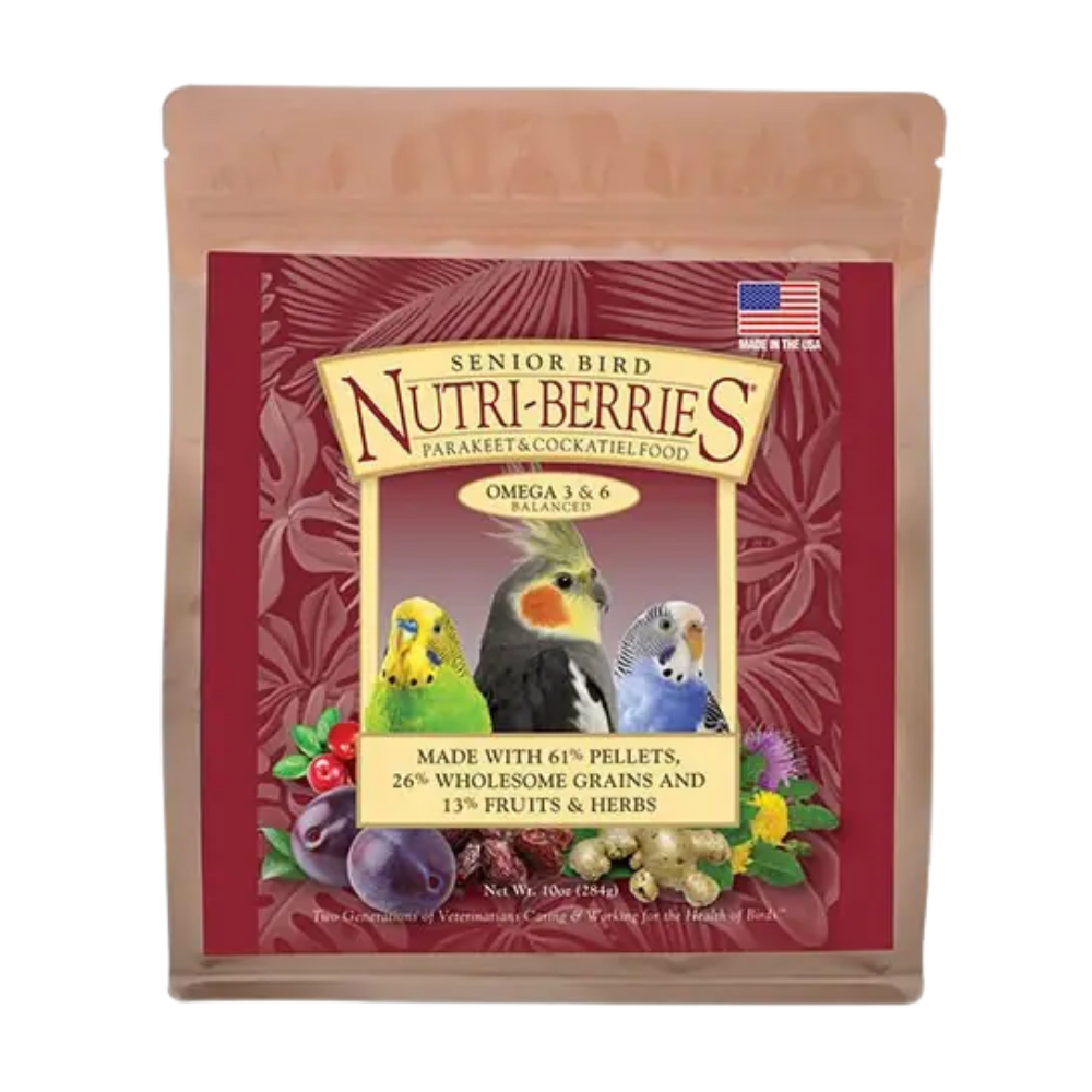 Lafeber Nutri-Berries Senior - Caturra Pacote marrom de comida para pássaros Nutri-Berries com imagens de periquitos e calopsita