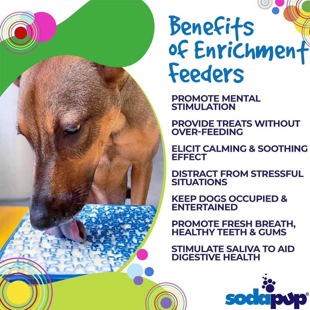 Tapete de lamber Puzzle eMat! LickMat Cão a lamber alimentador de enriquecimento azul Sodapup com texto de benefícios