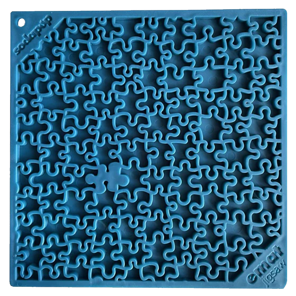 Tapete de lamber Puzzle eMat! LickMat Puzzle azul de plástico com peças encaixadas e texto em relevo