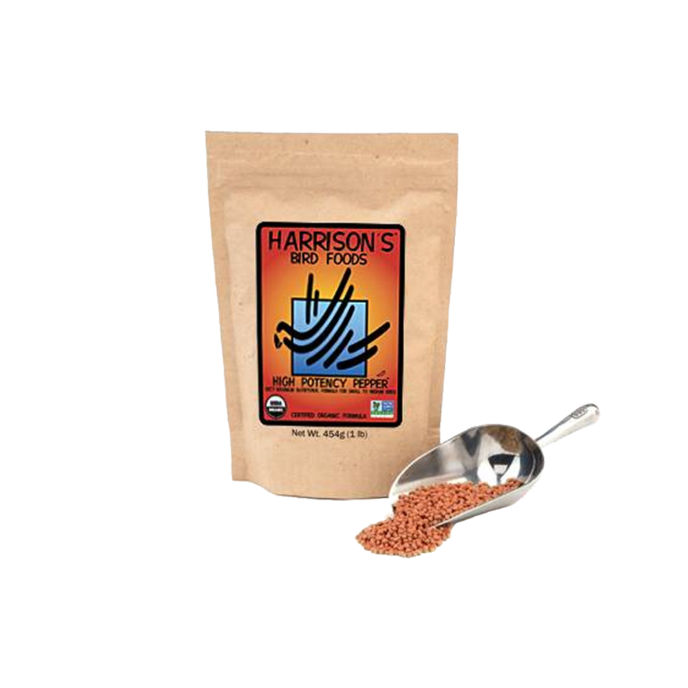Fino Alta Energia Pimenta - Hight Potency Pepper Embalagem de alimento para aves Harrison's com colher metálica cheia de pellets castanhos
