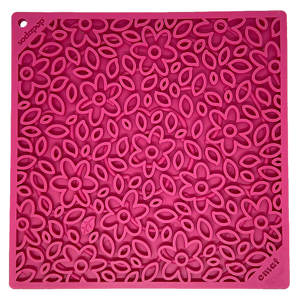 Tapete de lamber Flower Power eMat! LickMat Tapete rosa quadrado com padrão floral recortado em silicone
