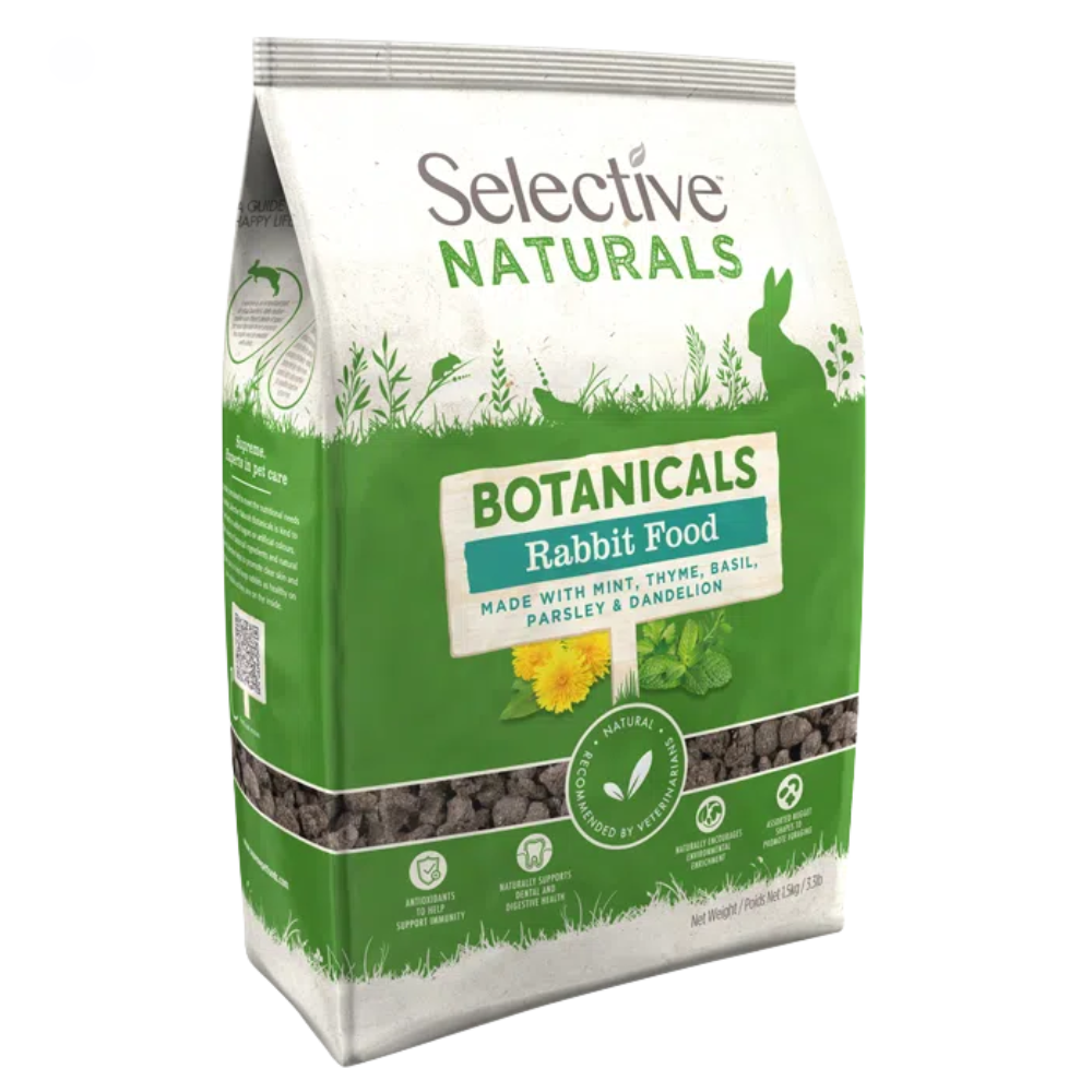Selective Naturals Botanicals - Coelho Embalagem verde e branca de saco de ração para coelhos com texto e imagens de ervas e coelho.