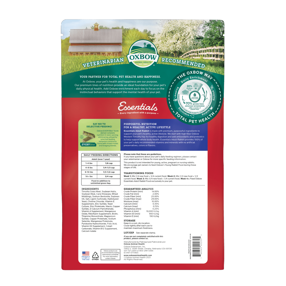 Oxbow Coelho Adulto Embalagem de produto OXBOW Essentials com informações e selo veterinário