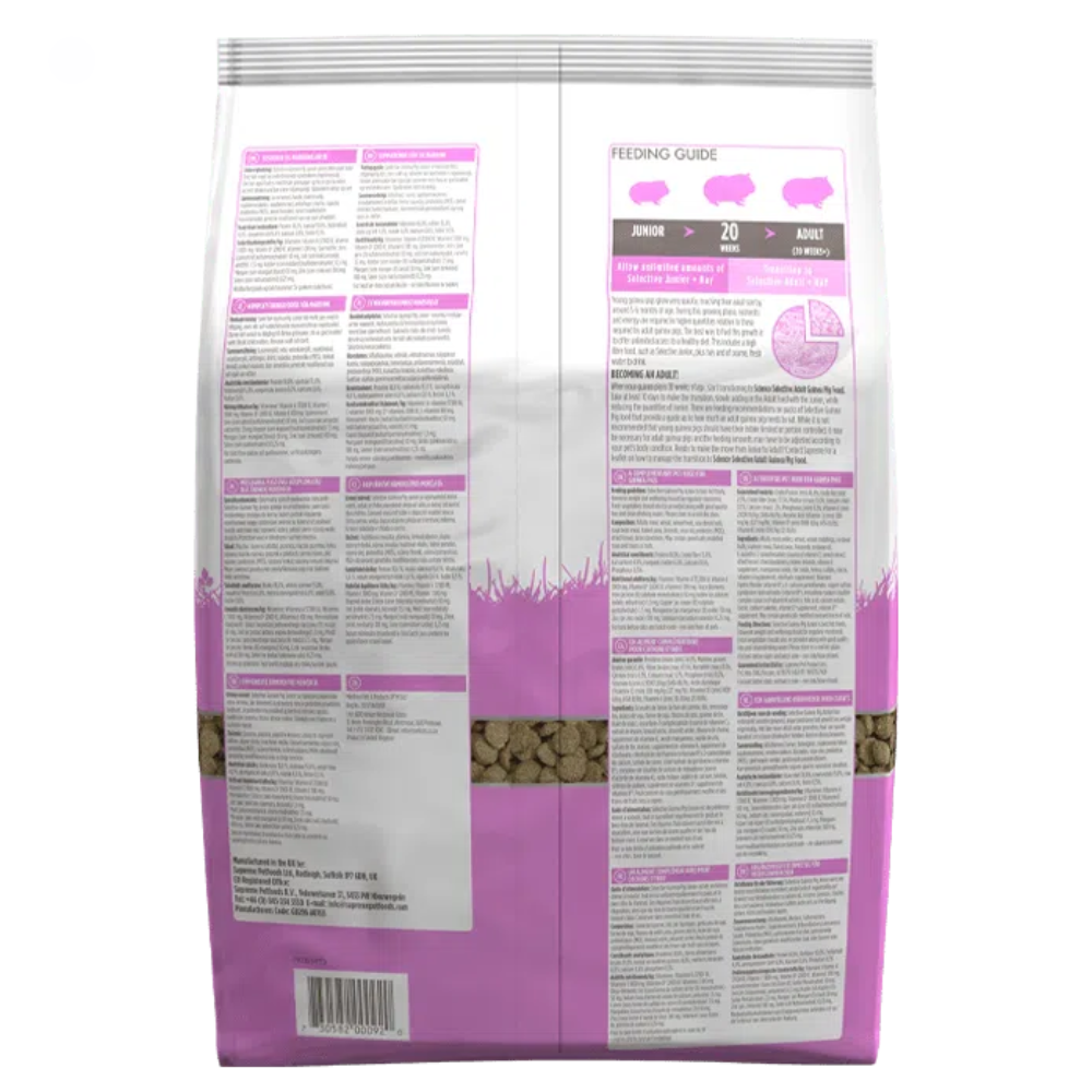 Science Selective Junior - Porquinho da India Pacote de ração em branco e roxo com texto e janela transparente