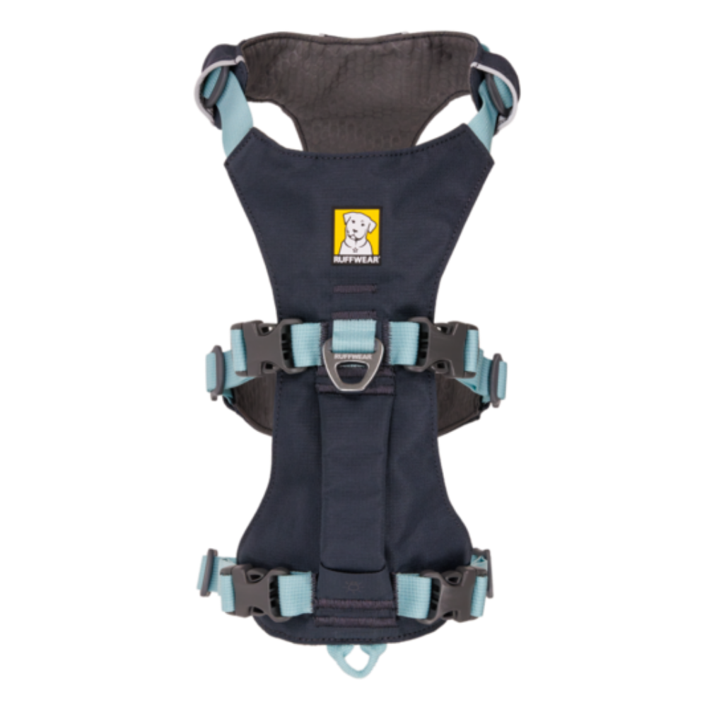 Flagline™ Dog Harness with Handle - Basalt Gray - Ruffwear Peitoral para cão azul escuro e azul claro com etiqueta RUFFWEAR