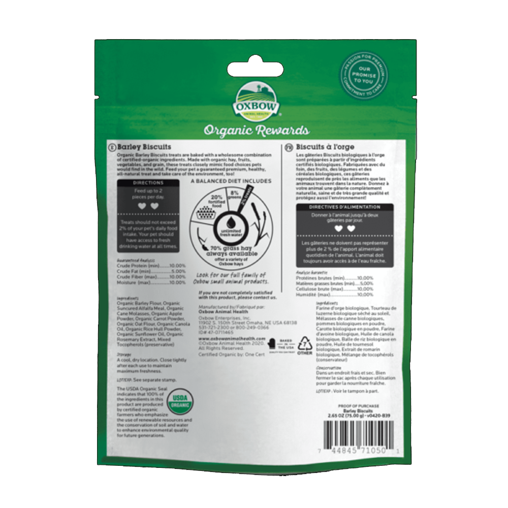 Oxbow Cevada Orgânica Parte traseira da embalagem de biscoitos orgânicos Oxbow com informações e tabela nutricional