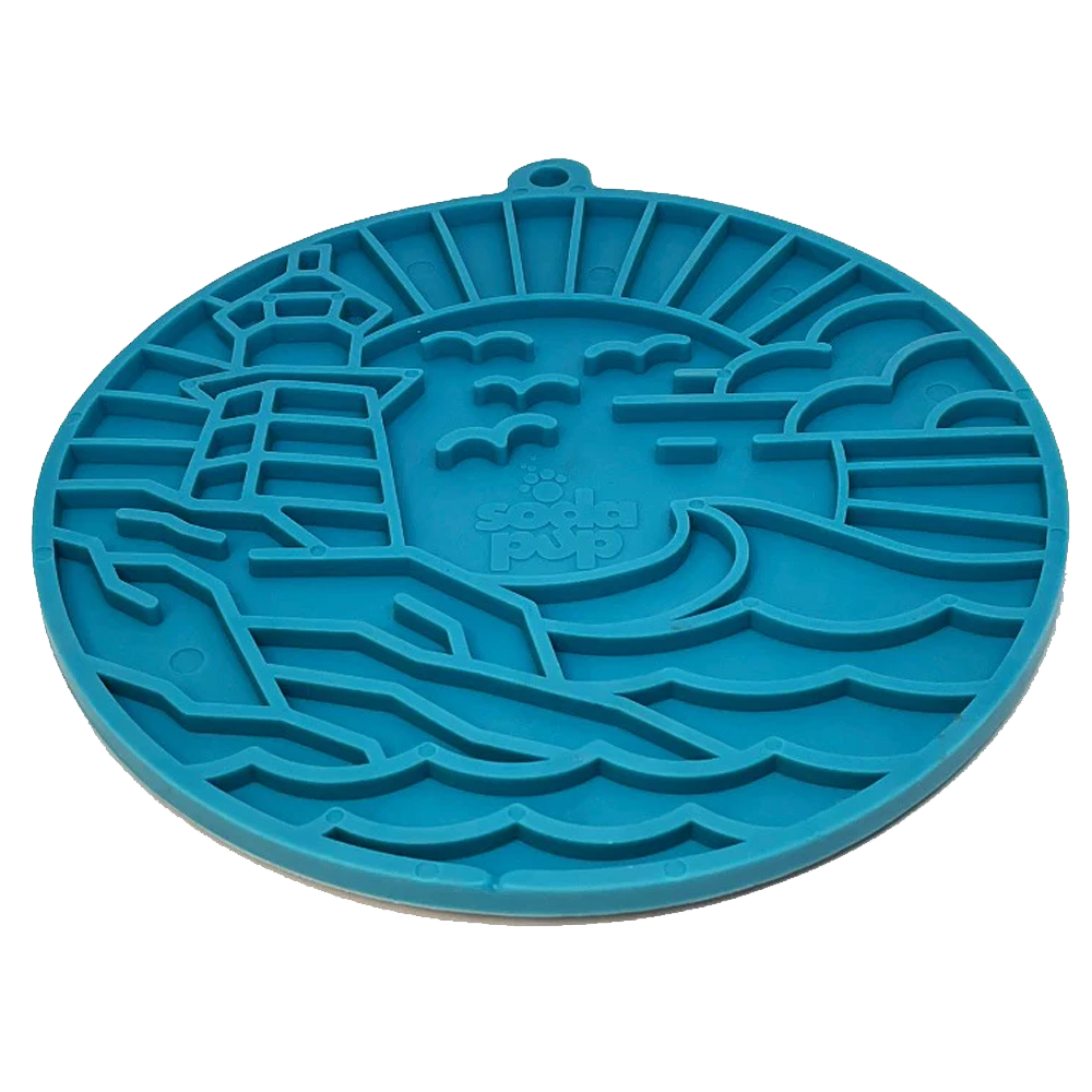 Tapete de lamber Lighthouse eMat! LickMat Tapete redondo azul de silicone com relevo de farol e mar