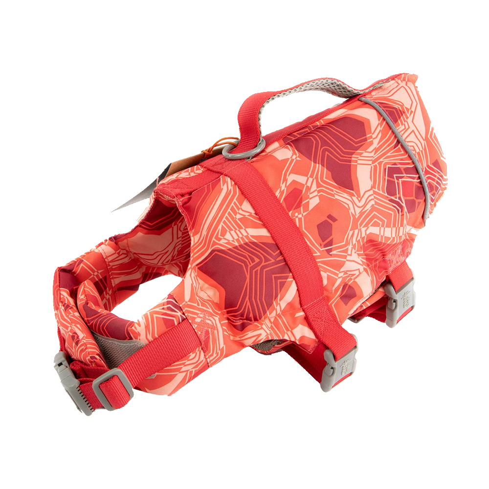 Life Savior ECO Life Vest - coral Colete salva-vidas para cão laranja com tiras vermelhas e padrão geométrico