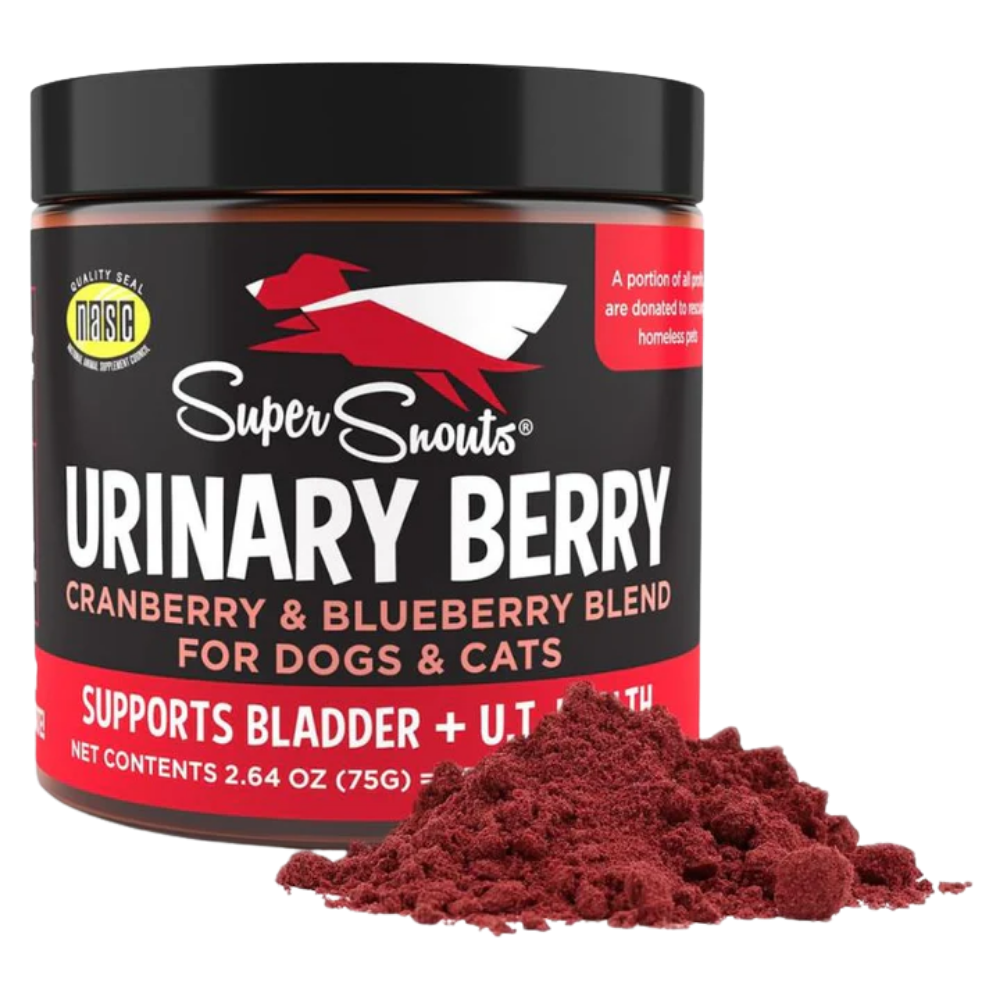 Super Snouts Urinary Berry 75g. Auxilia o trato urinário. Antioxidante natural. Vitamina C. Frasco de suplemento em pó vermelho para cães e gatos URINARY BERRY