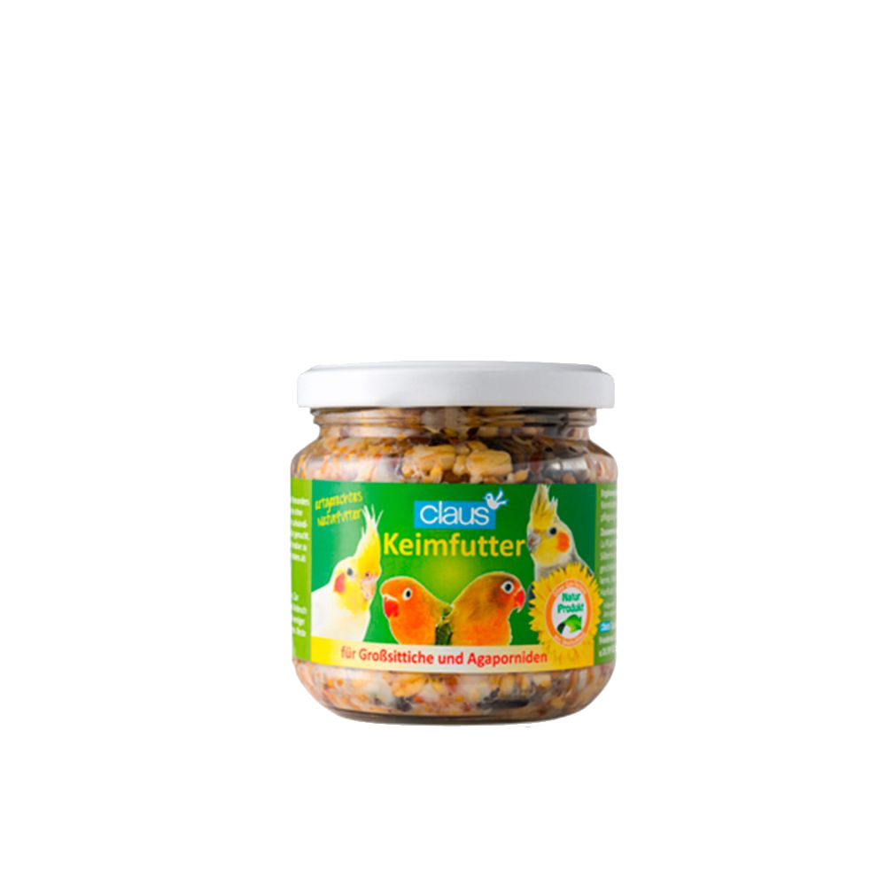 Claus Sementes germinadas Agapornis e caturras 210g Frasco de ração para pássaros com etiqueta verde e imagens de aves