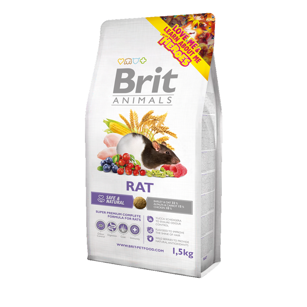 Brit Animals - Ratazana Saco branco de alimento para ratos Brit Animals 1,5 kg com imagens de milho, frutas vermelhas, carne e rato