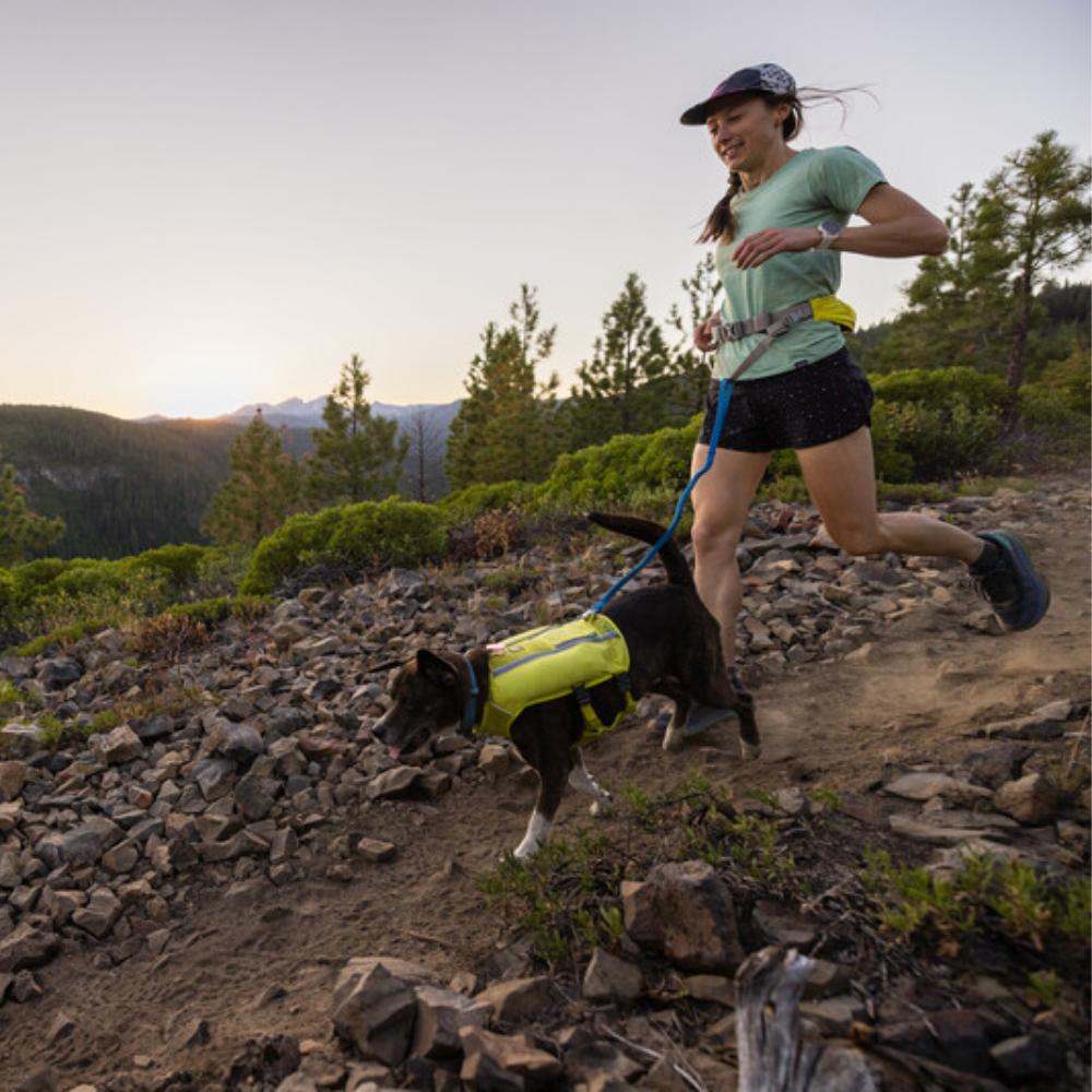 Trail Runner™ Running Belt - Lichen Green Mulher a correr com um cão usando colete refletor numa trilha de montanha