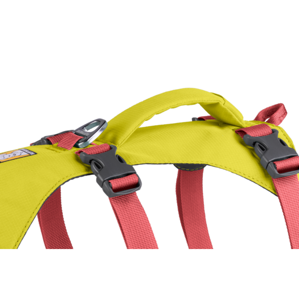 Flagline™ Dog Harness with Handle - Lichen Green - Ruffwear Arnês para cão amarelo com alças vermelhas e fivelas pretas