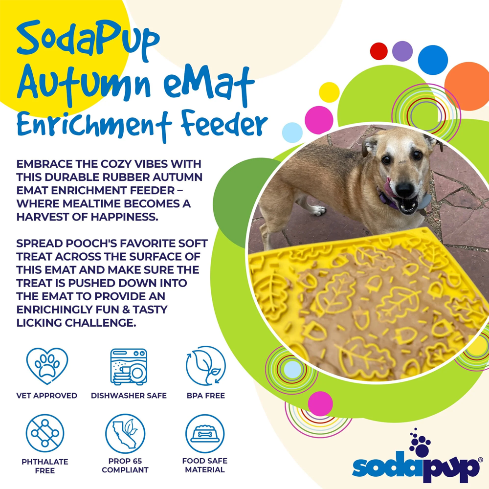 Tapete para Lamber Outono eMat LickMat Imagem promocional do alimentador emat SodaPup Autumn com descrição, ícones de segurança, e foto de cachorro com o alimentador amarelo