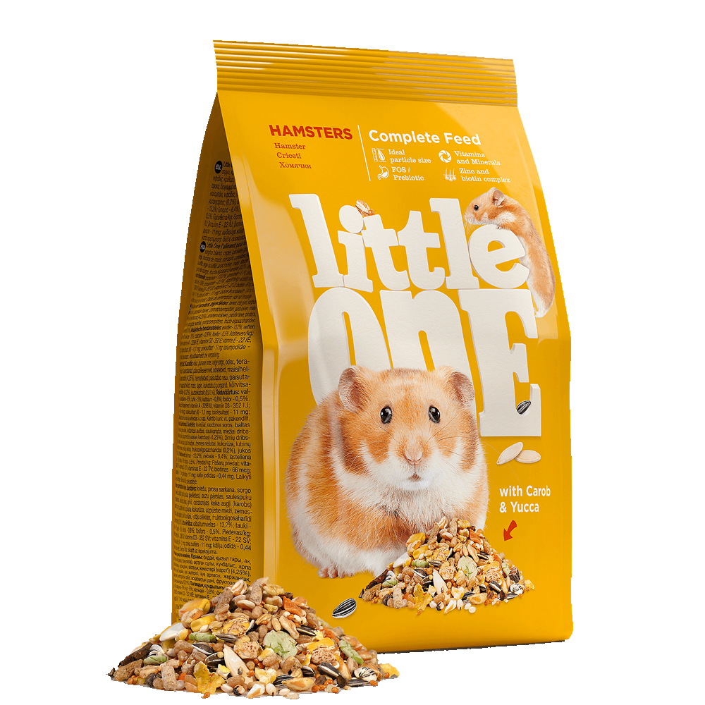 Little One - Hamster Embalagem amarela de ração para hamsters da marca Little One com imagem de hamster e porção de comida
