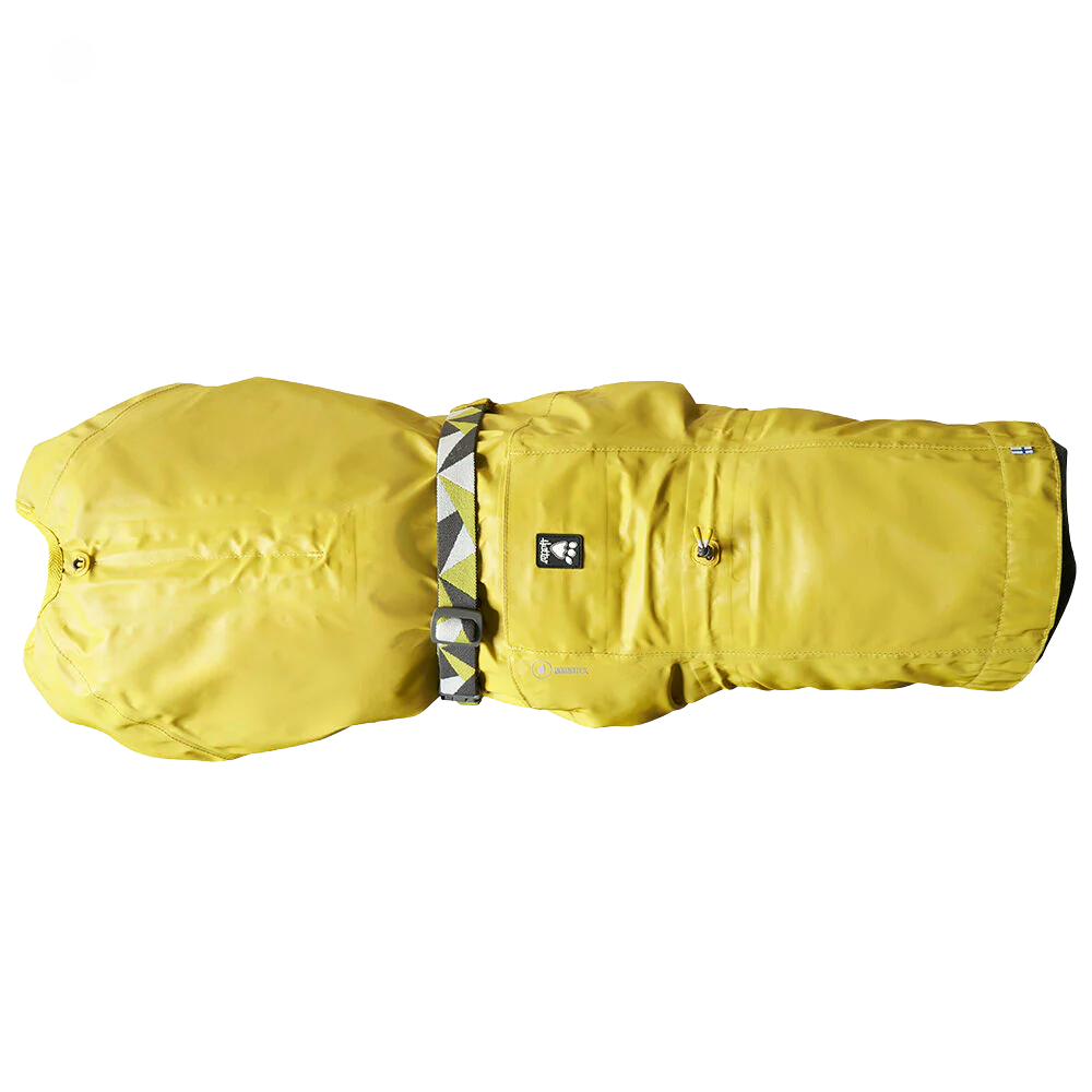 Mudventure Reflective Coat - TUMERIC - Capa da Chuva - Hurtta capa de chuva amarela para cão com padrão geométrico no colar