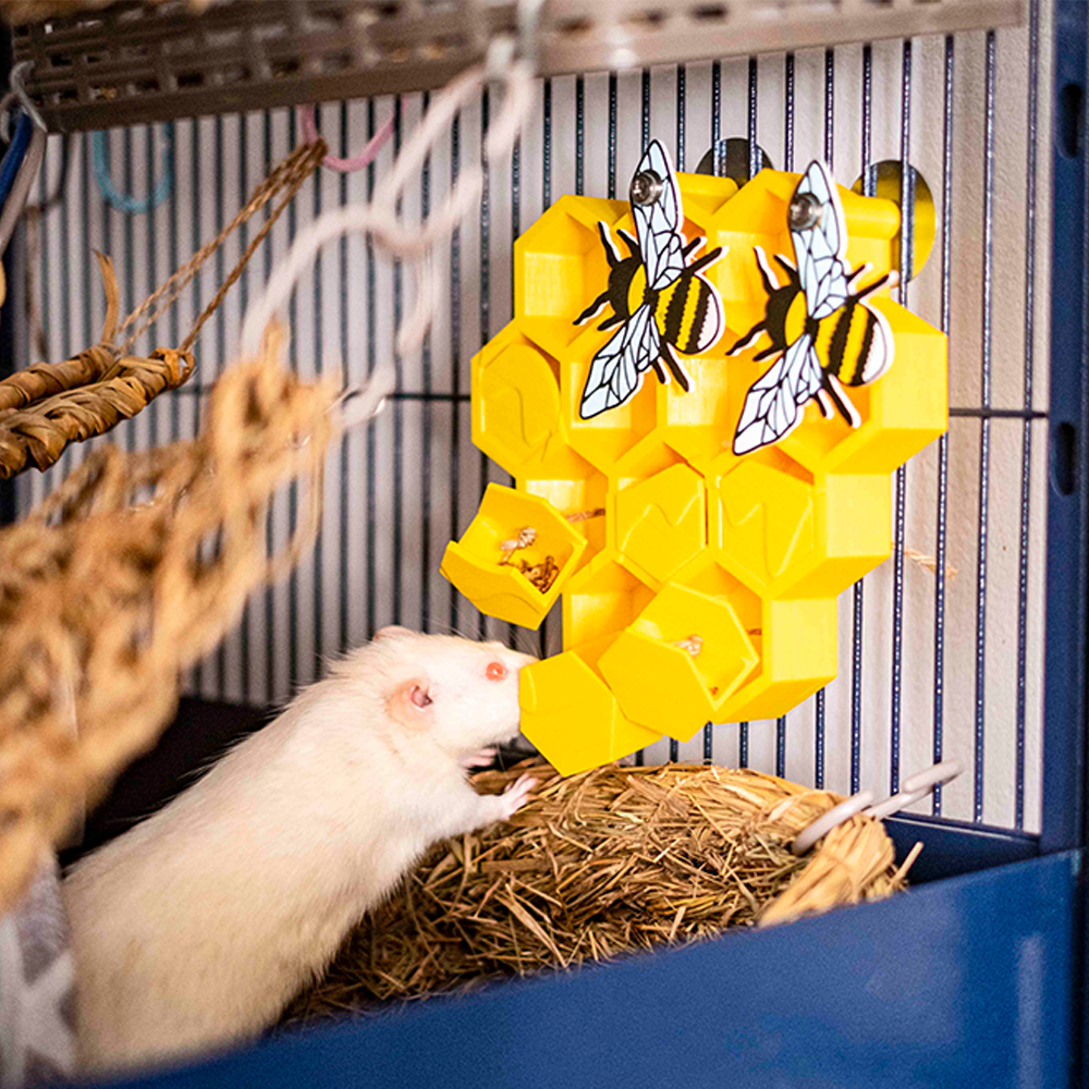 Honeycomb foraging toy Brinquedo interativo amarelo em forma de colmeia com abelhas e rato branco numa gaiola