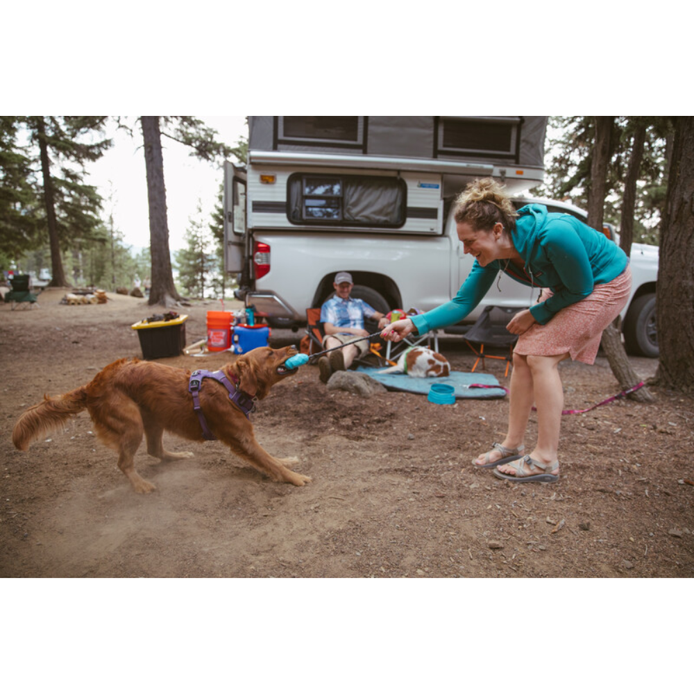 HUCK-A-CONE™ TOY - Salamander Orange Mulher brinca com cão castanho num parque de campismo junto a carro branco e homem sentado