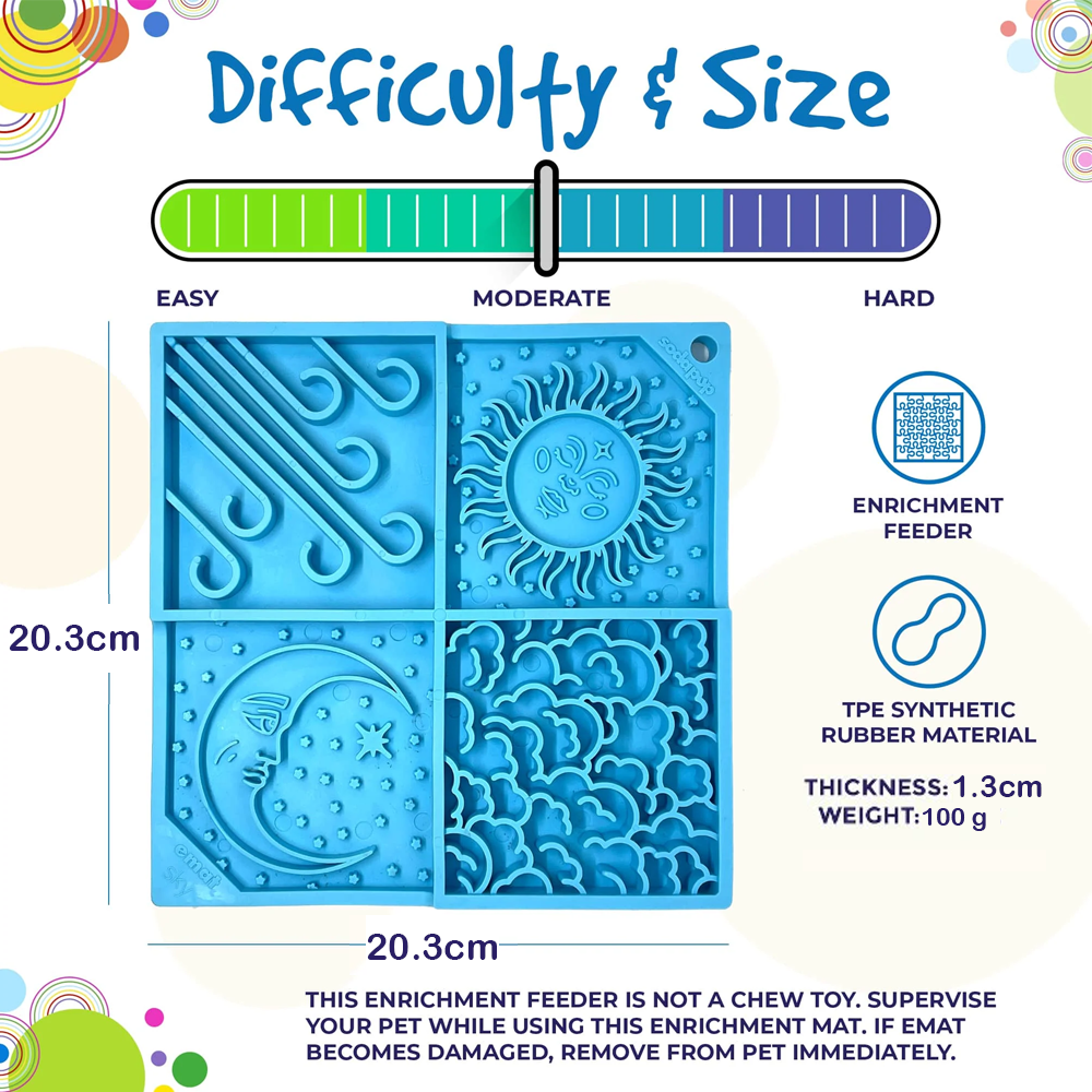 Tapete de lamber Sky eMat! LickMat Brinquedo enriquecimento azul para pets com quatro padrões em relevo e dimensões 20,3x20,3 cm.