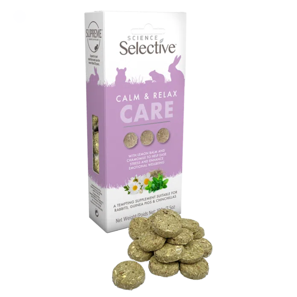 Science Selective Calm & Relax Care - Suplemento calmante e relaxante - 100g Suplemento CALM & RELAX CARE para pequenos animais em embalagem branca e lilás com comprimidos redondos à frente