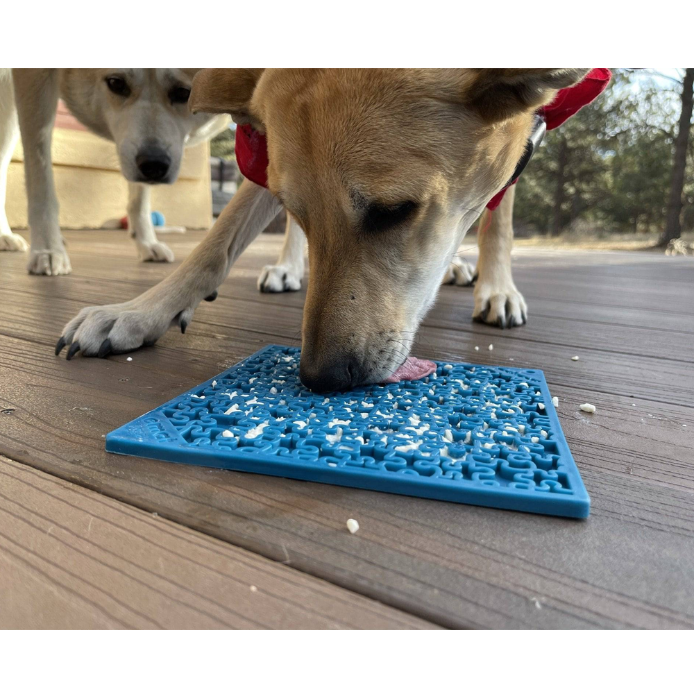 Tapete de lamber Puzzle eMat! LickMat Cão a lamber comida num tapete azul texturizado em chão de madeira