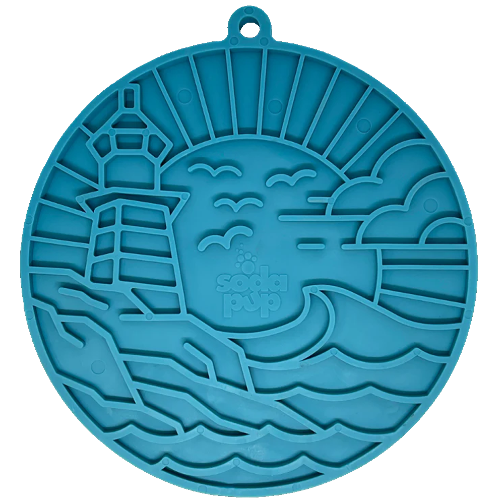 Tapete de lamber Lighthouse eMat! LickMat Forma de silicone azul com design de farol e mar