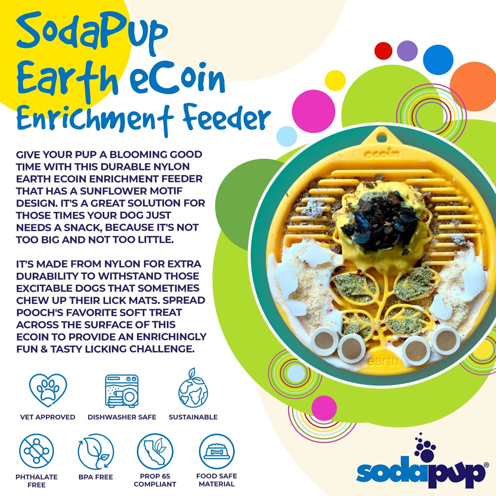 Earth - Brinquedo durável de enriquecimento de nylon eCoin -Sodapup Alimentador para cães SodaPup Earth eCoin amarelo com design de girassol sobre fundo colorido e texto explicativo