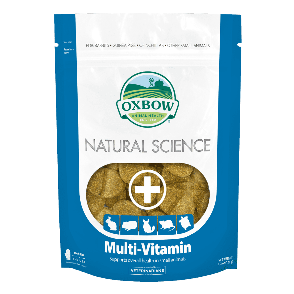 Multi-Vitamin Oxbow Natural Science Suplemento multi-vitaminas para pequenos animais Oxbow Natural Science em pacote azul e branco com janela transparente.