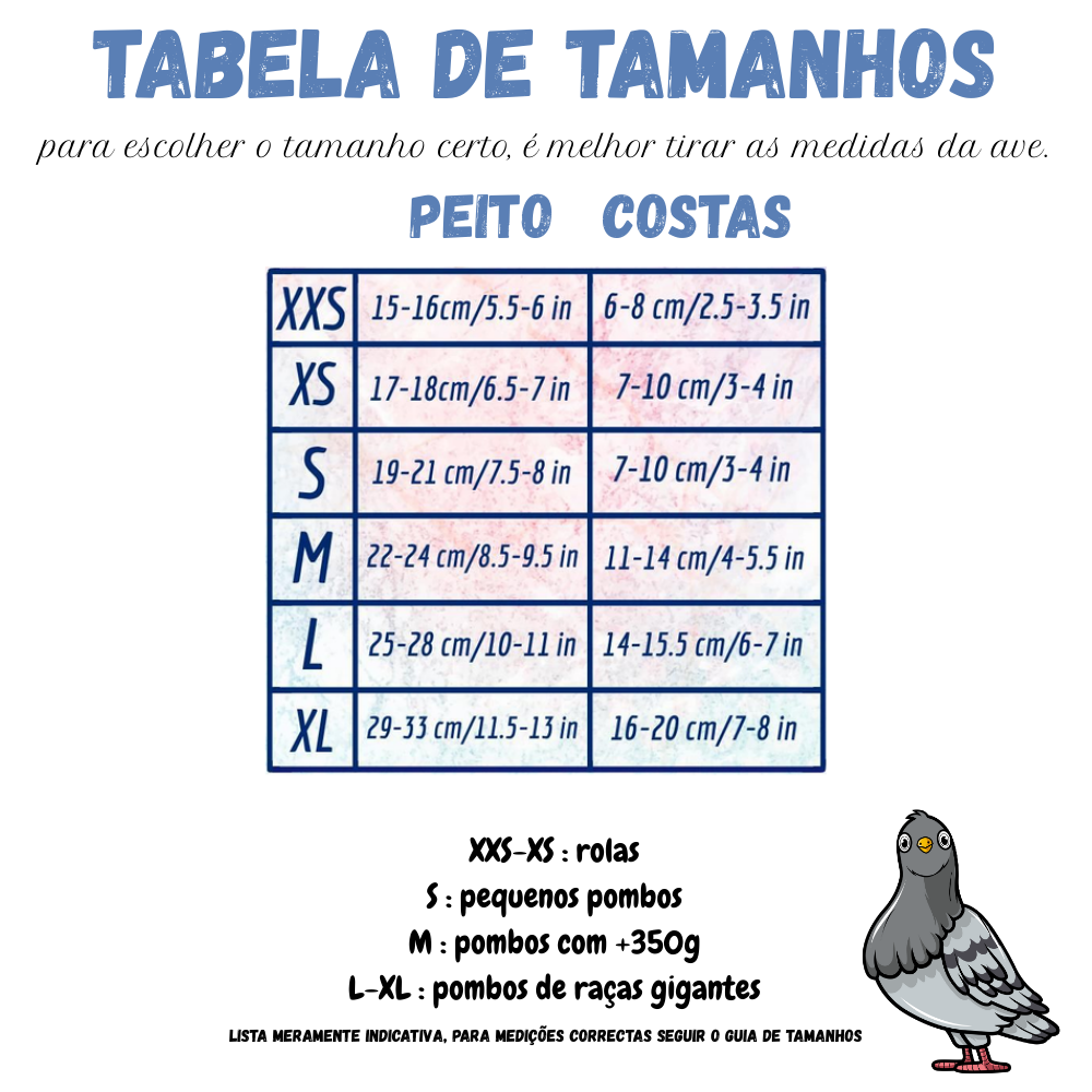 Calças higienicas para Pombos - Pombinhos - Fanzy Pants Tabela de tamanhos para acessórios com medidas de peito e costas e ilustração de pombo cinzento