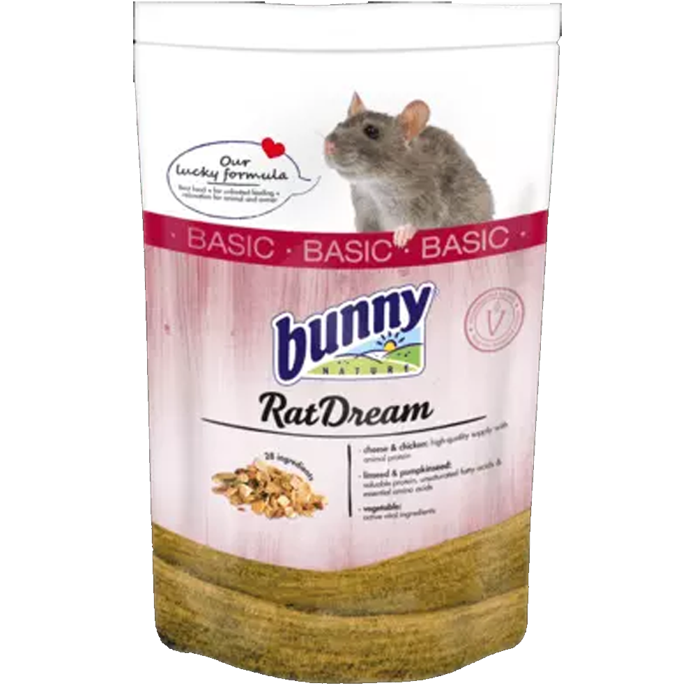 Rat Dream Basic - Bunny Embalagem de alimento para ratos Bunny RatDream com imagem de rato e cores branco, vermelho e amarelo