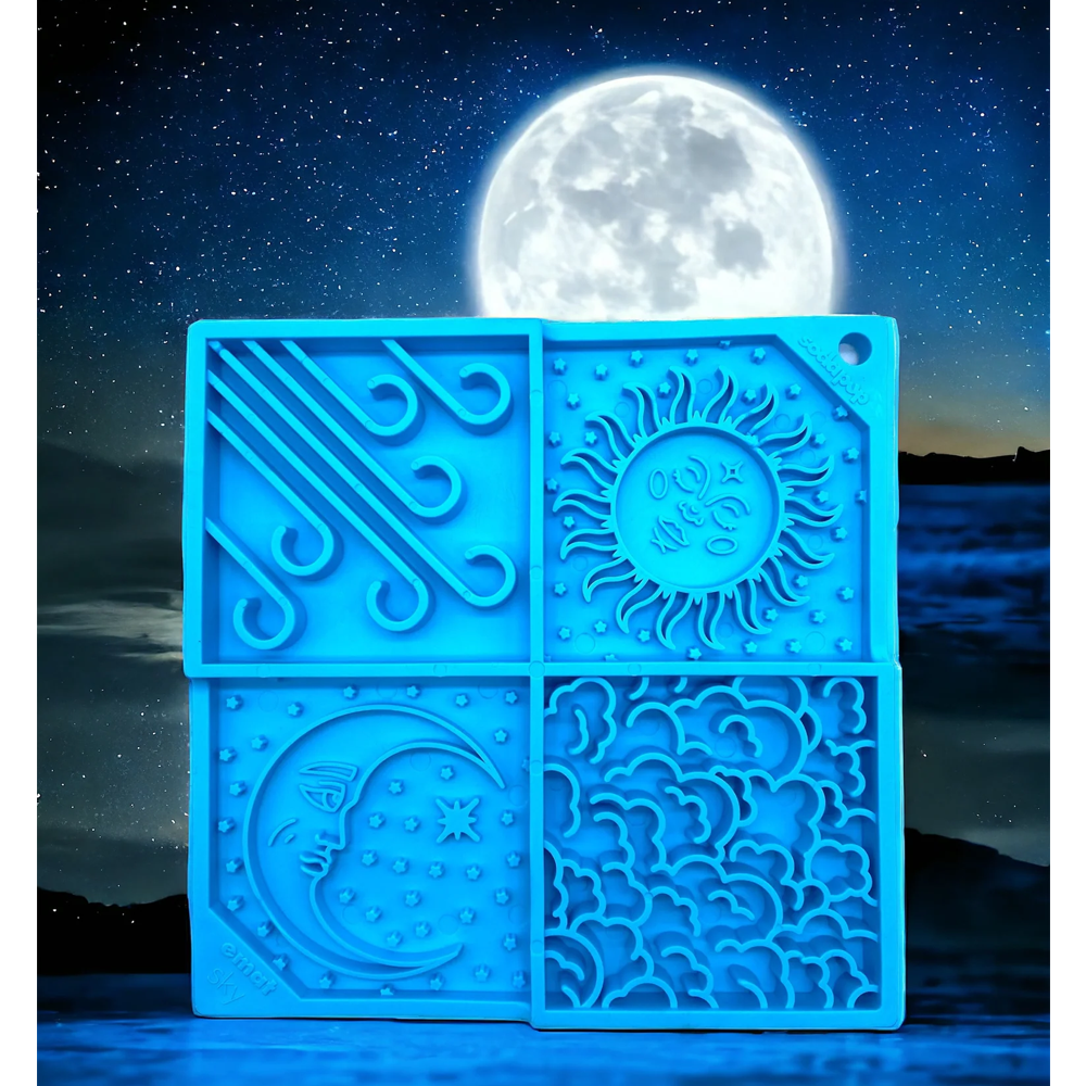 Tapete de lamber Sky eMat! LickMat Conjunto de moldes de silicone azuis com padrões de sol, lua, nuvens e vento