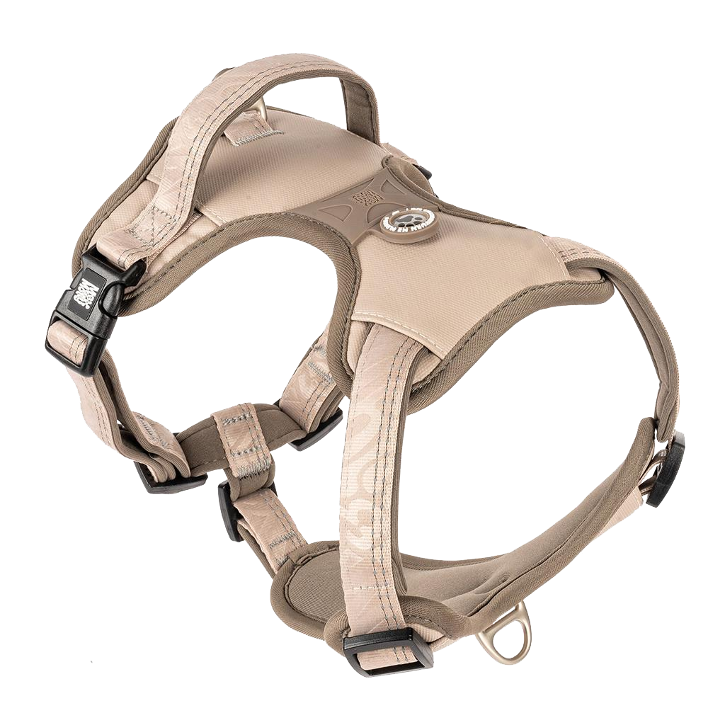 GOTCHA! Smart ID Sport Harness - Matrix 2.0 Areia Peitoral para cão bege com fivela preta e selo circular prateado