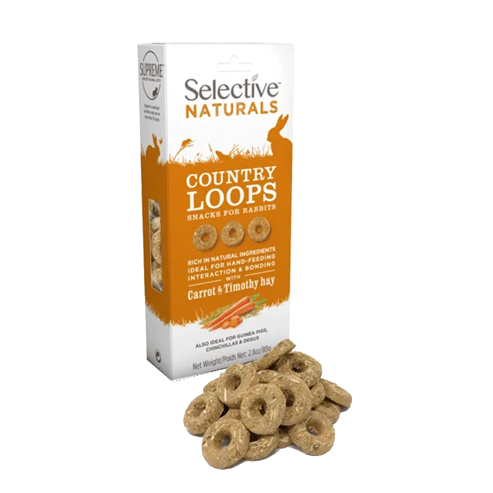 Country Loops - Cenoura e feno timoteo Pacote Selective Naturals Country Loops para coelhos com snacks em forma de anel