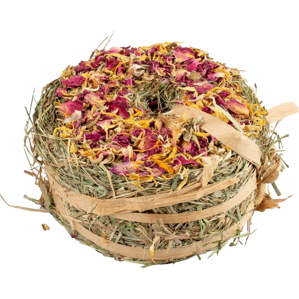 Donut de Feno timoteo com flores Roda de feno decorada com pétalas secas amarrada com fitas de palha