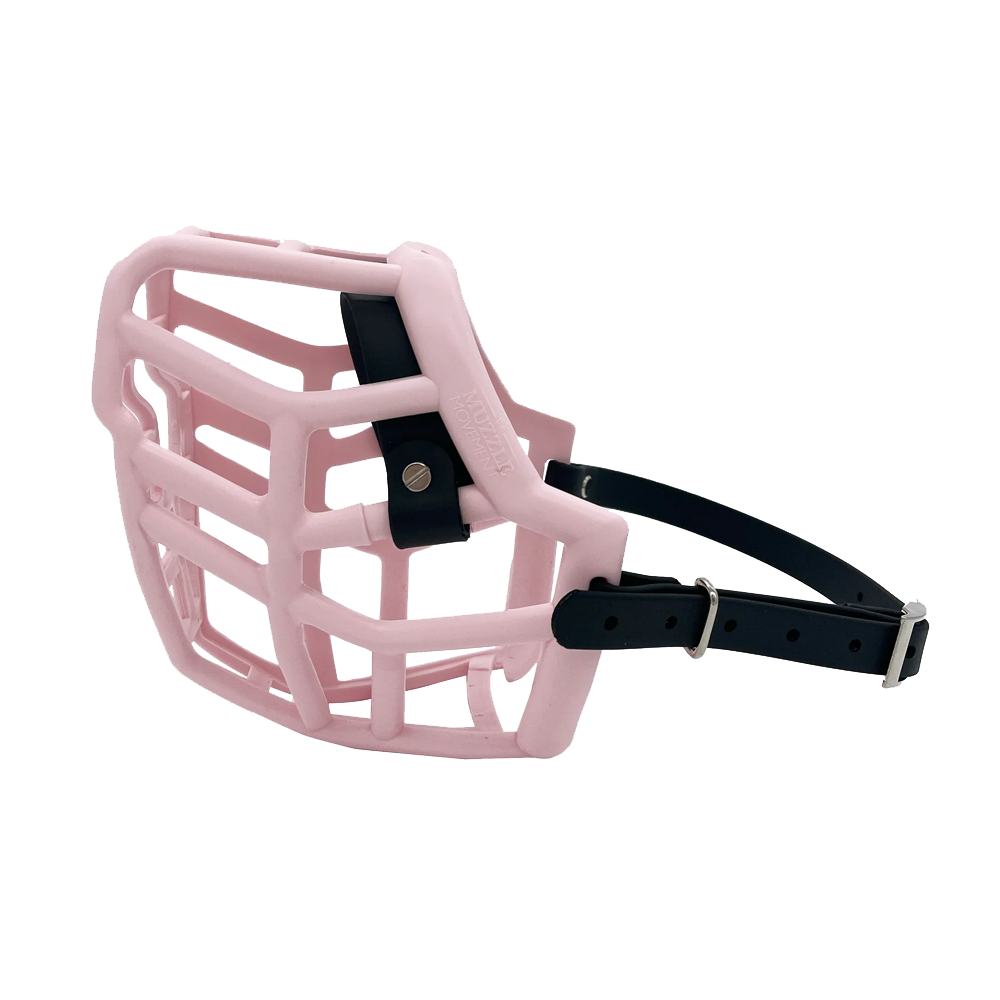 Neli - The Muzzle Movement Focinho de proteção cor-de-rosa para cão com tiras de couro preto e fivelas de metal