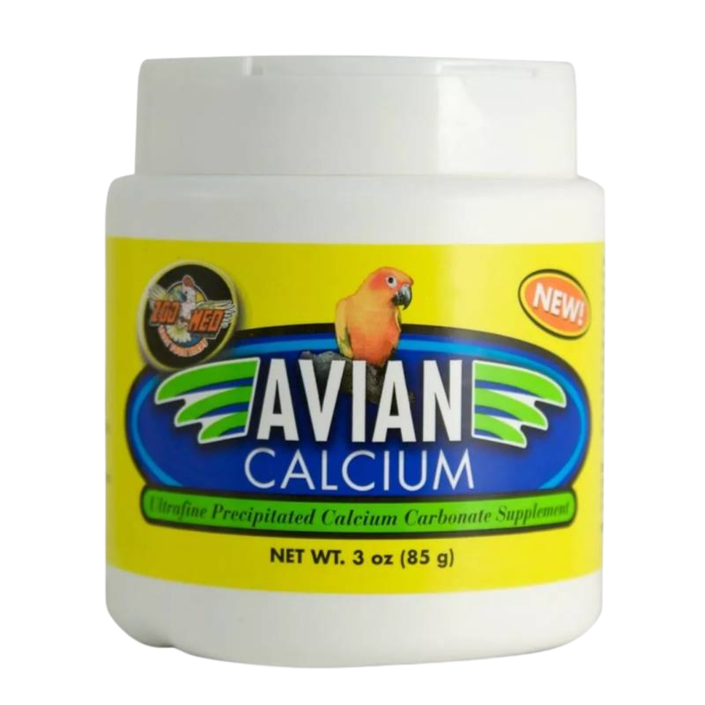 Cálcio para aves - Zoomed Frasco branco com suplemento Avian Calcium para aves com rótulo amarelo e azul