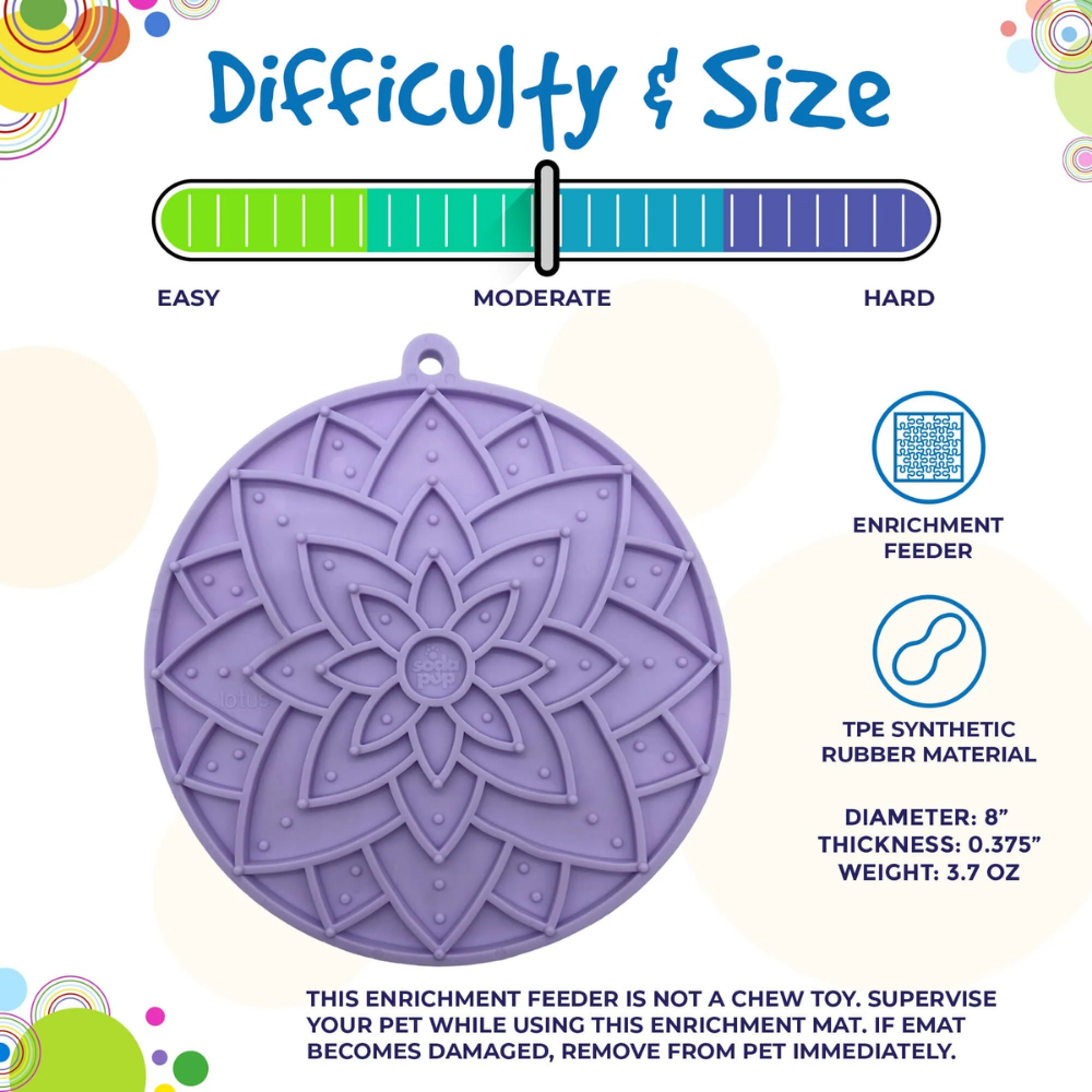 Tapete Lotus eMat Enrichment Lickmat com ventosas Tapete alimentação enriquecida roxo redondo com padrão floral de borracha sintética TPE.