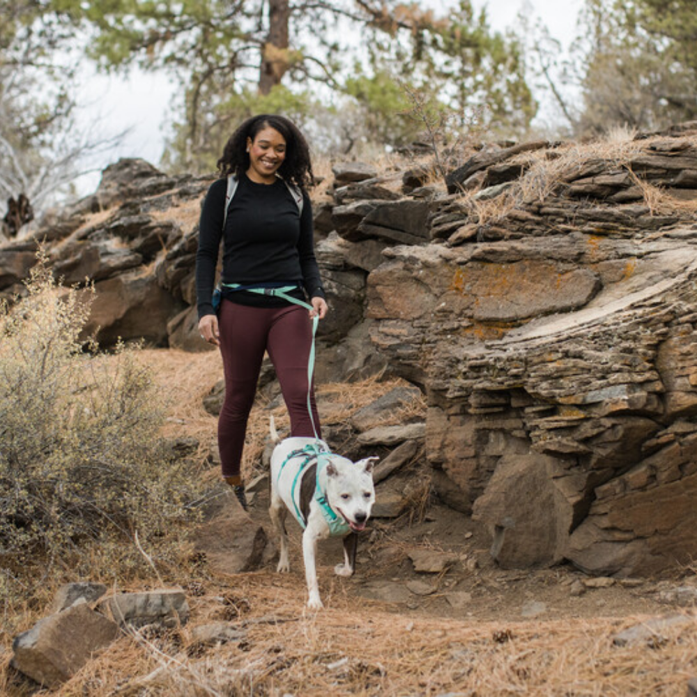 Flagline™ Dog Harness with Handle - Sage Green - Ruffwear Mulher a descer trilha rochosa com cão branco e arnês verde