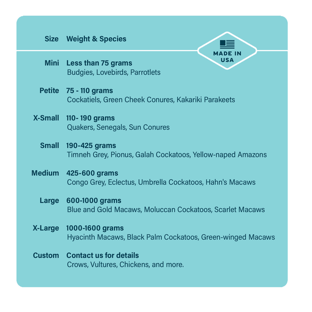 Aviator Vermelho - Bird Harness Tabela de tamanhos e espécies de aves com texto MADE IN USA