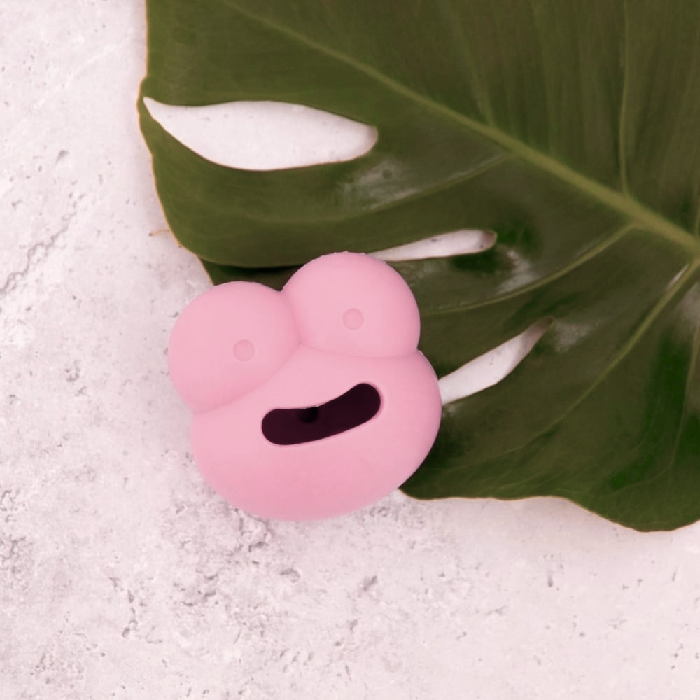 Frogg 'Robert' Rosa - Dispensador de snacks Brinquedo de borracha rosa em forma de rã com olhos salientes num fundo de folha verde