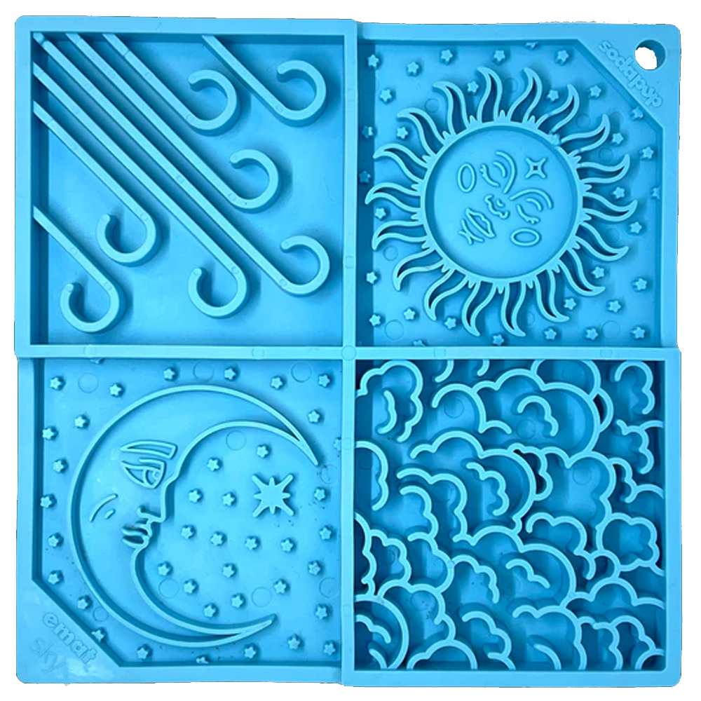 Tapete de lamber Sky eMat! LickMat Molde de silicone azul com desenhos de gotas de chuva, sol, lua e nuvens