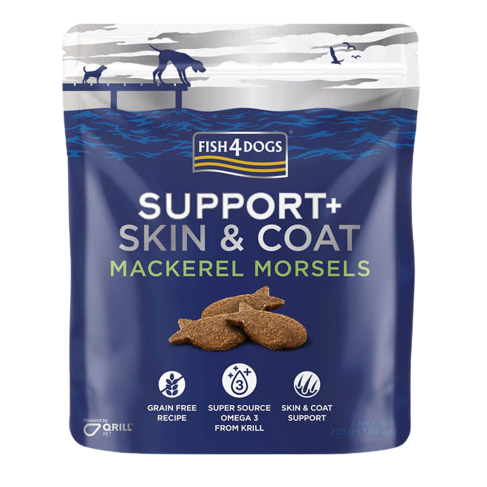Support+ Skin & Coat - Fish4Dogs - Cavala Embalagem de ração para cães Fish 4 Dogs Support+ Skin & Coat Mackerel Morsels.