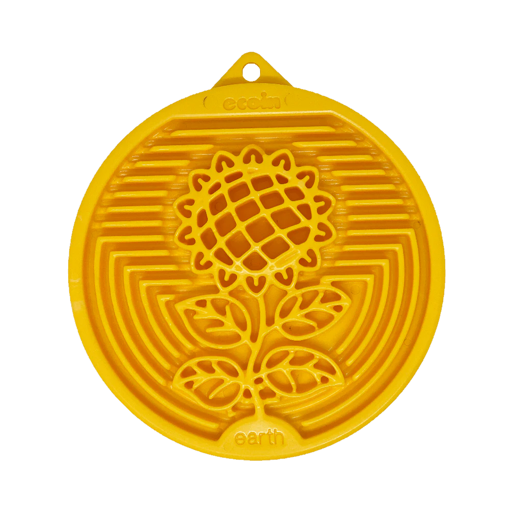 Earth - Brinquedo durável de enriquecimento de nylon eCoin -Sodapup Suporte redondo amarelo em silicone com padrão de girassol e textos cocohu e earth