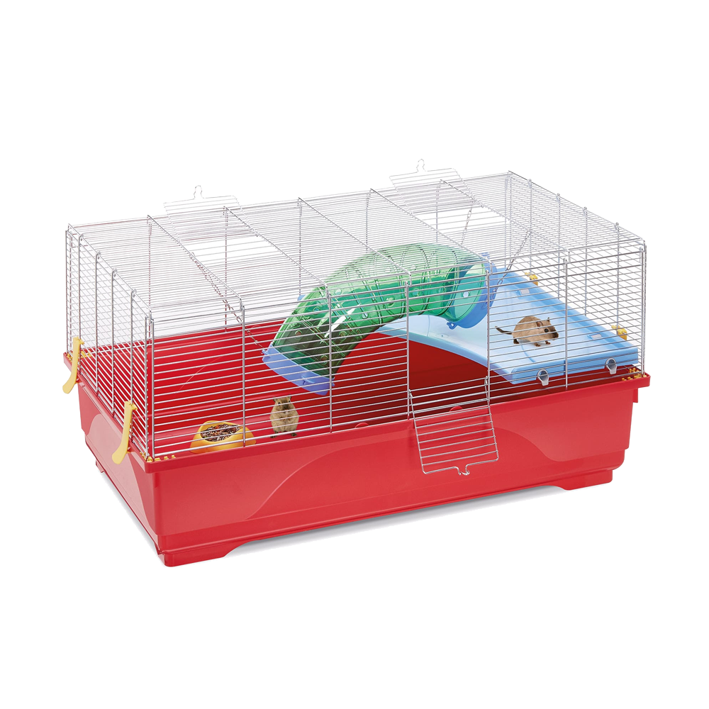 RAT 80 - IMAC Gaiola vermelha para roedores com barras metálicas e acessórios verdes e azuis