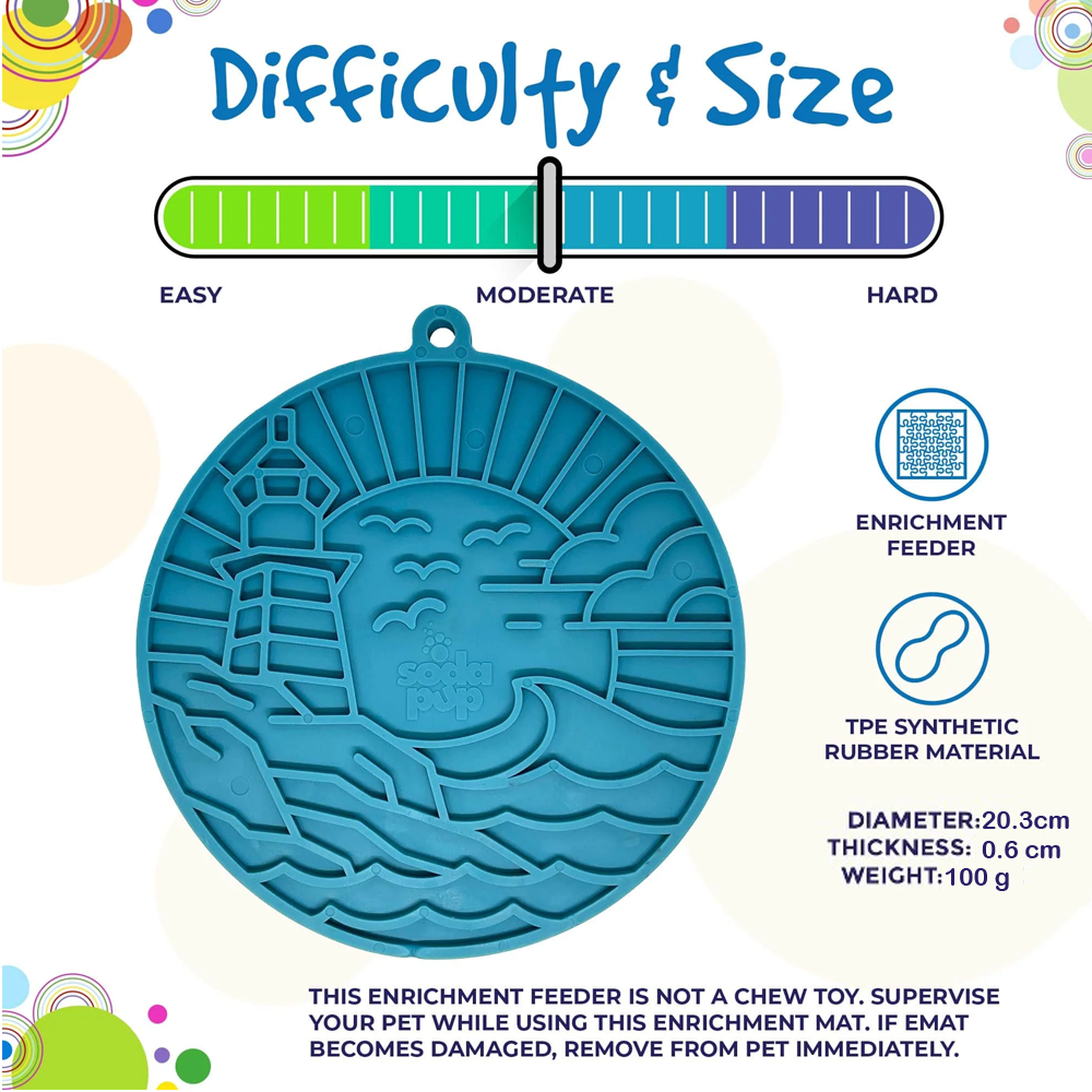 Tapete de lamber Lighthouse eMat! LickMat Alimentador de enriquecimento redondo azul com design de farol, gaivotas e ondas, especificações e texto de segurança em fundo claro colorido